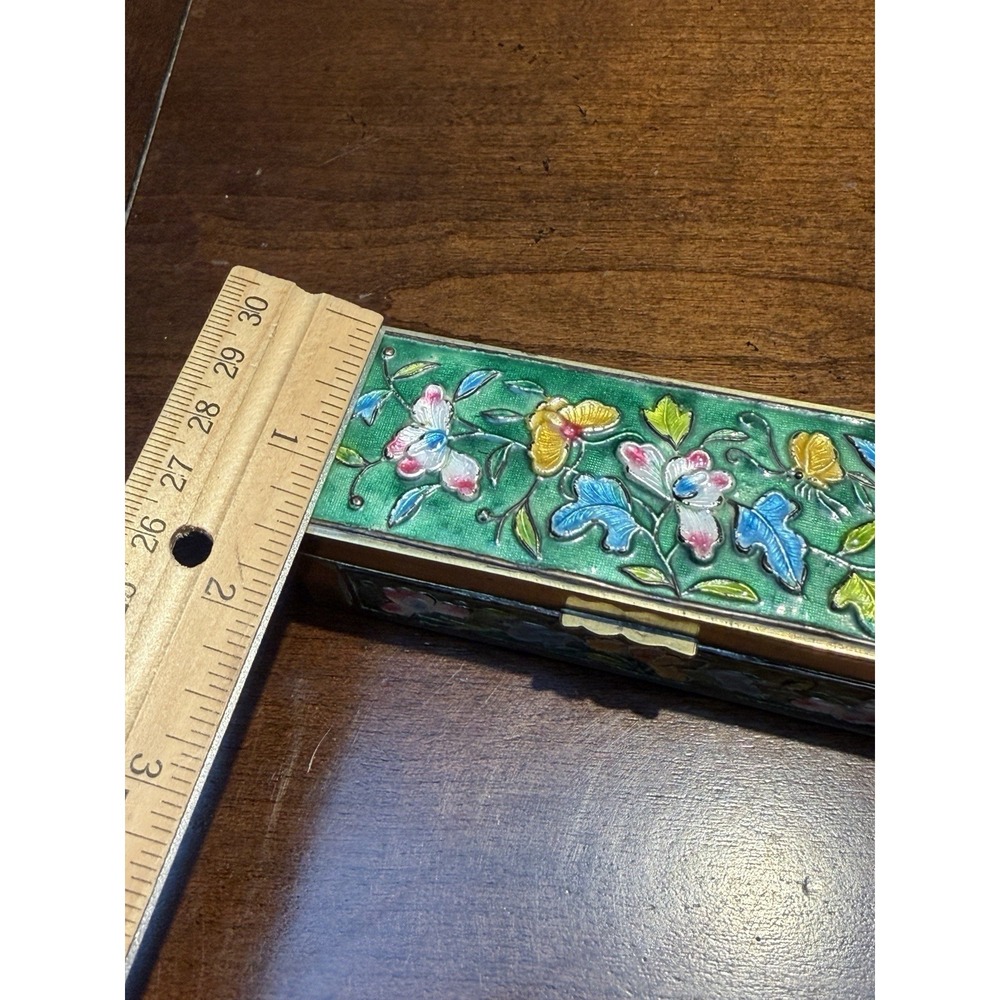 VTG CHINESE CLOISONNE ENAMEL BRASS HINGED STAMP TRINKET BOX MARKED - Picture 5 of 11